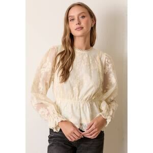 Polagram Cream Size Medium Textured Lace Printed Long Sleeve Top